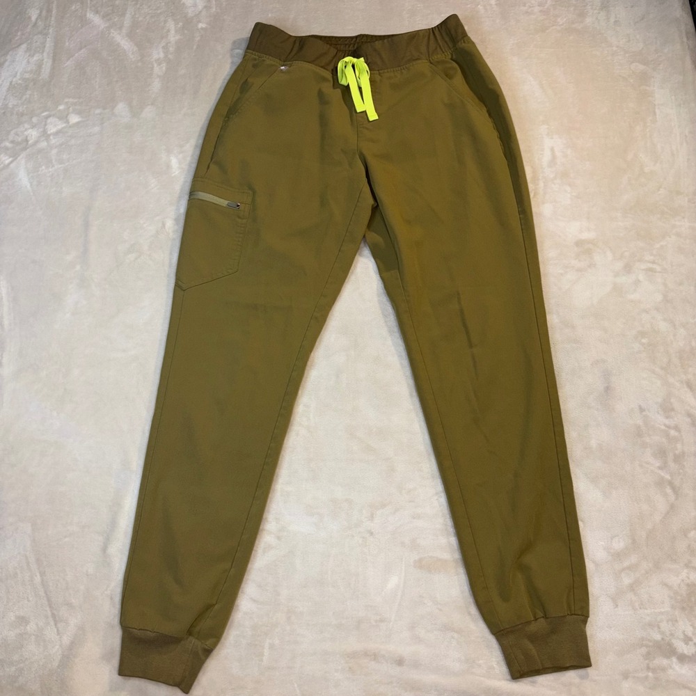 FIGS Zamora Jogger Scrub Pants Olive Green Neon Yellow Drawstring Tall Size MT